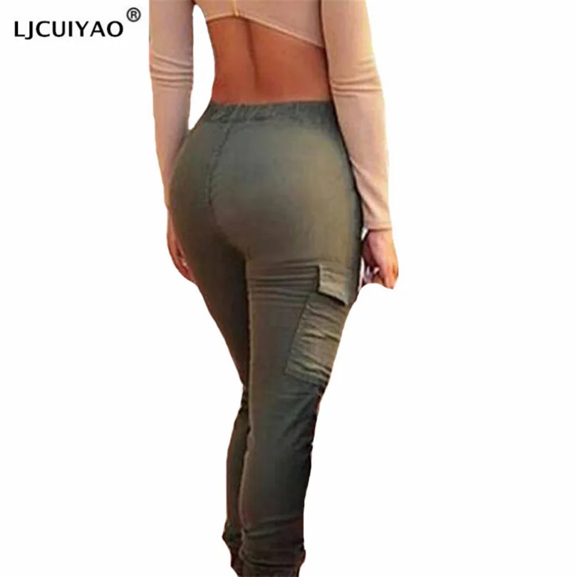 

Брюки LJCUIYAO с высокой талией, весенние повседневные женские брюки на шнуровке с несколькими карманами, эластичные брюки до щиколотки из поли...