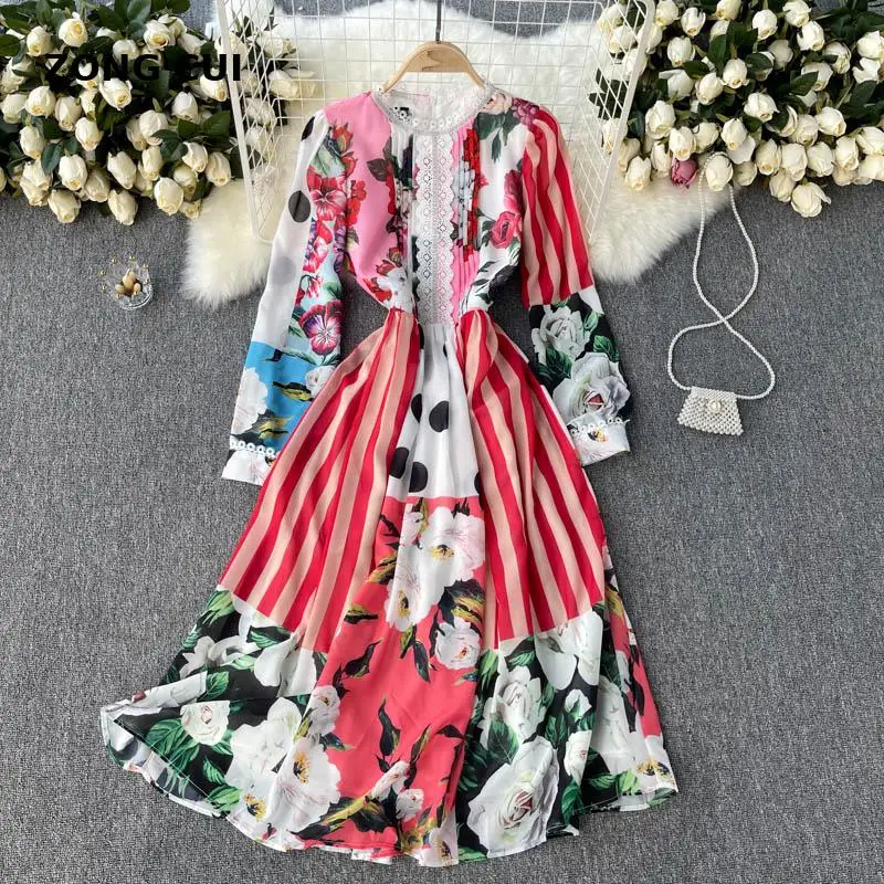 

Luxury dress women's elegant o-neck print hit color Party Maxi dresses high quality vestidos runway dresses Autumn 2021