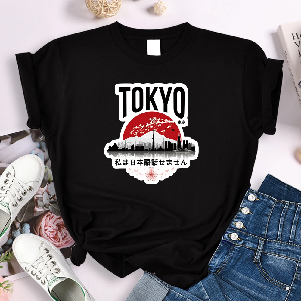 

Токио я не говорю по японский Забавный узор с буквенным принтом для женщин футболки оверсайз Повседневная футболка с круглой горловиной и ж...