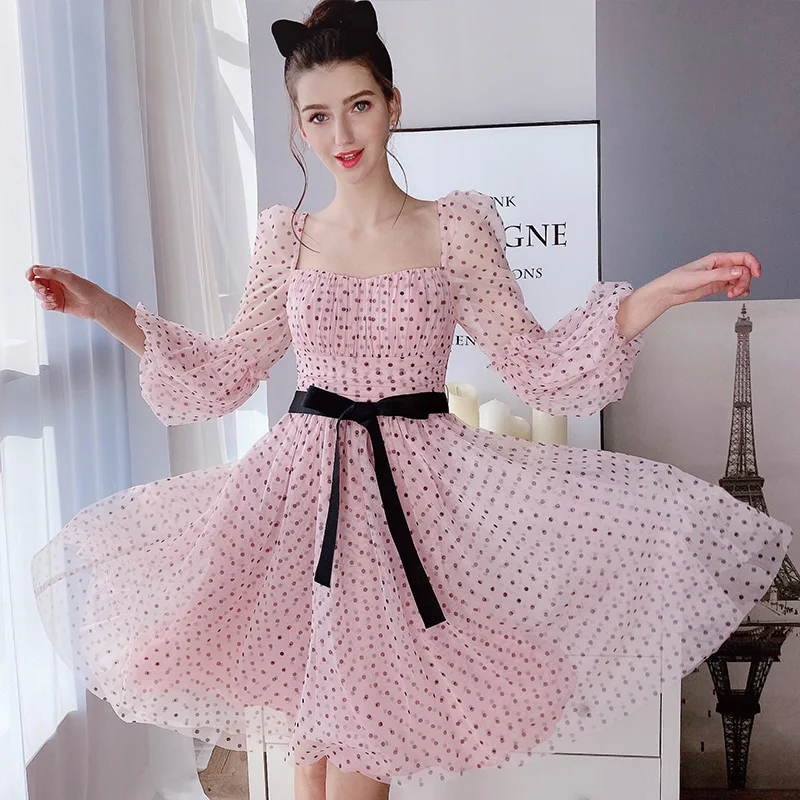 

Dabuwawa Vintage Square Collar Double Dot Dress Women Lantern Sleeve Sexy Belted Elegant Palace Party Dresses Ladies DT1ADR020