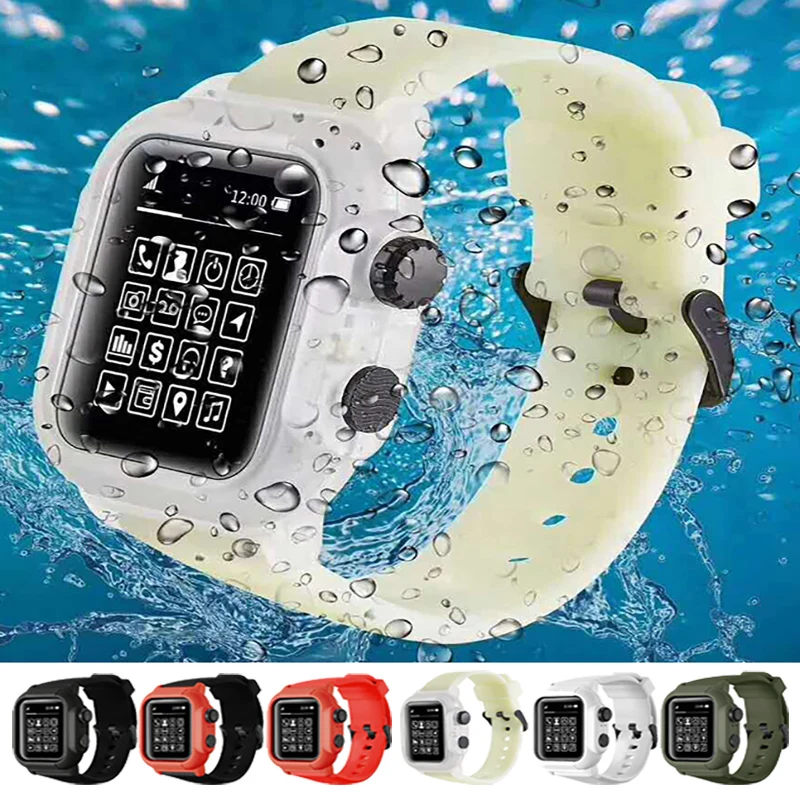 

Ремешок и чехол для Apple Watch 42 мм, 44 мм, спортивный браслет, аксессуары для Iwatch 6 SE 5, водонепроницаемые часы с силиконовым корпусом