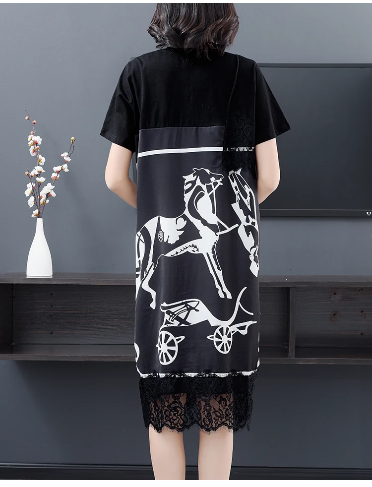 

summer plus size women straight dresses short sleeve lady loose dresses femme horse print dress