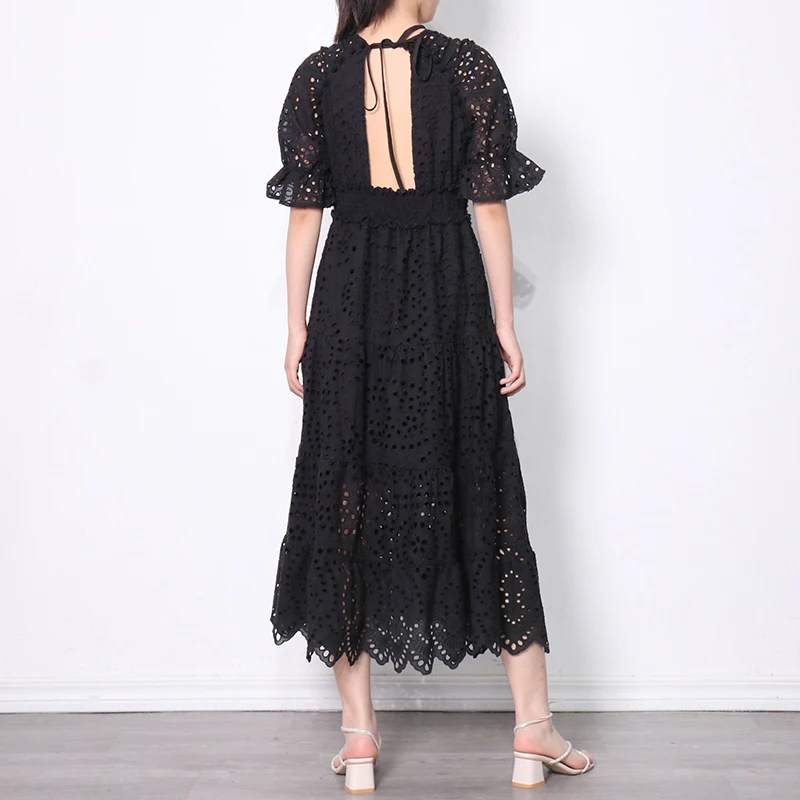 

TWOTWINSTYLE White Dress For Women V Neck Short Sleeve High Waist A Line Mid Lace Patchwork Solid Dresses Female 2021 Summer New