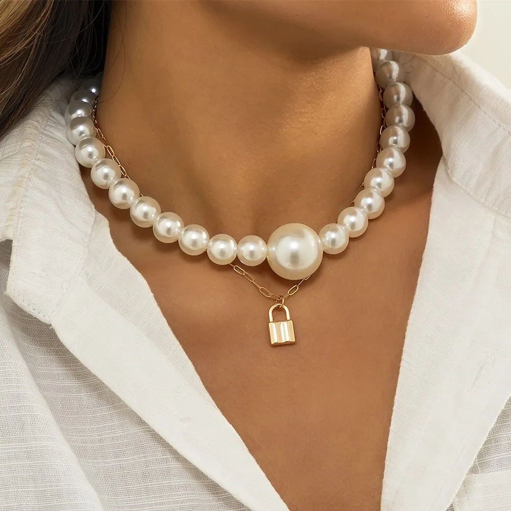 

Cosysail 2Pcs Big Round Pearl Choker Necklace for Women Multi-layer Padlock Pendant Necklace Set Punk Statement Jewelry Gift