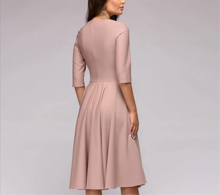 Женское платье-миди с круглым вырезом рукавом 2019 и поясом | Женская одежда