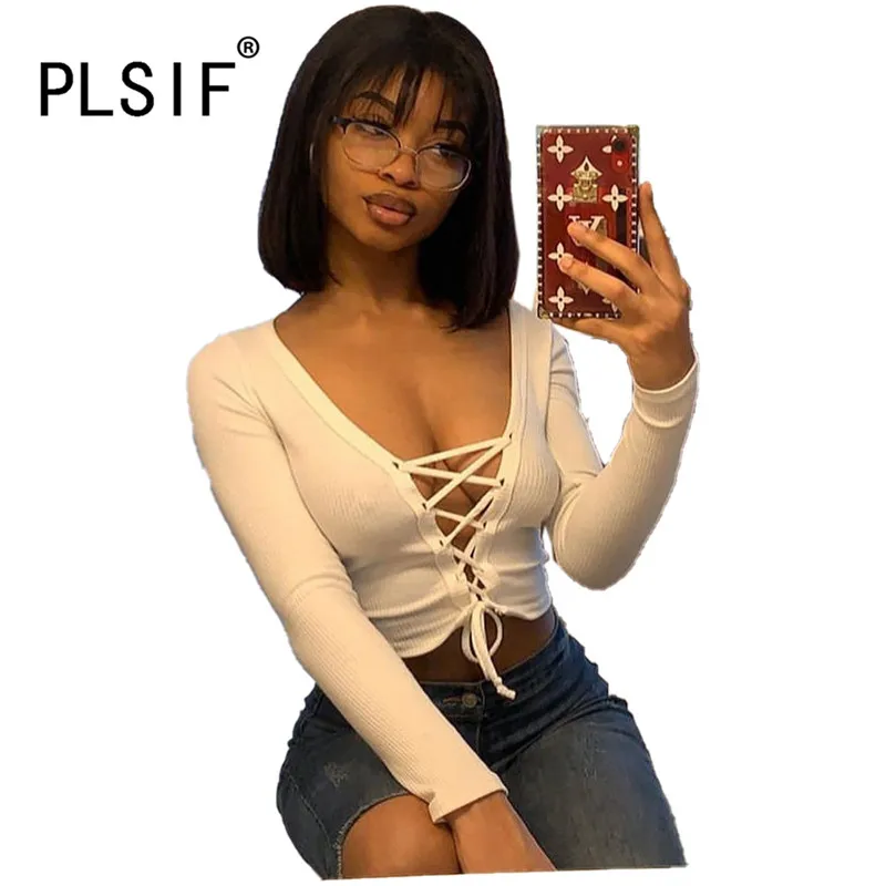 PLSIF Новое поступление Осенние пикантные Длинные рукава Топы на шнуровке женские