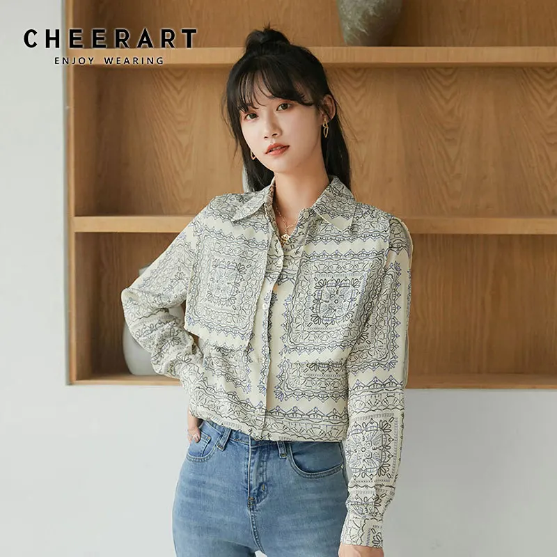 Женская винтажная блузка CHEERART из вискозы с длинным рукавом рубашка воротником на