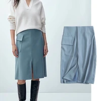 maxdutti faldas mujer moda 2021 england style office lady fashion skirt women solid simple side of pockets midi skirts womens