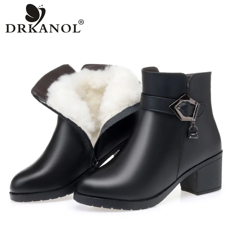 

DRKANOL Big Size 42 43 Women Winter Warm Wool Boots 100% Genuine Cow Leather Thick High Heel Side Zipper Shearling Short Boots