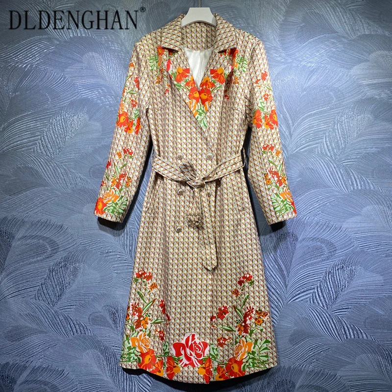 

Женский двубортный тренчкот DLDENGHAN, подиумный дизайнерский тренчкот с длинным рукавом, цветочным принтом, поясом и бисером, верхняя одежда н...