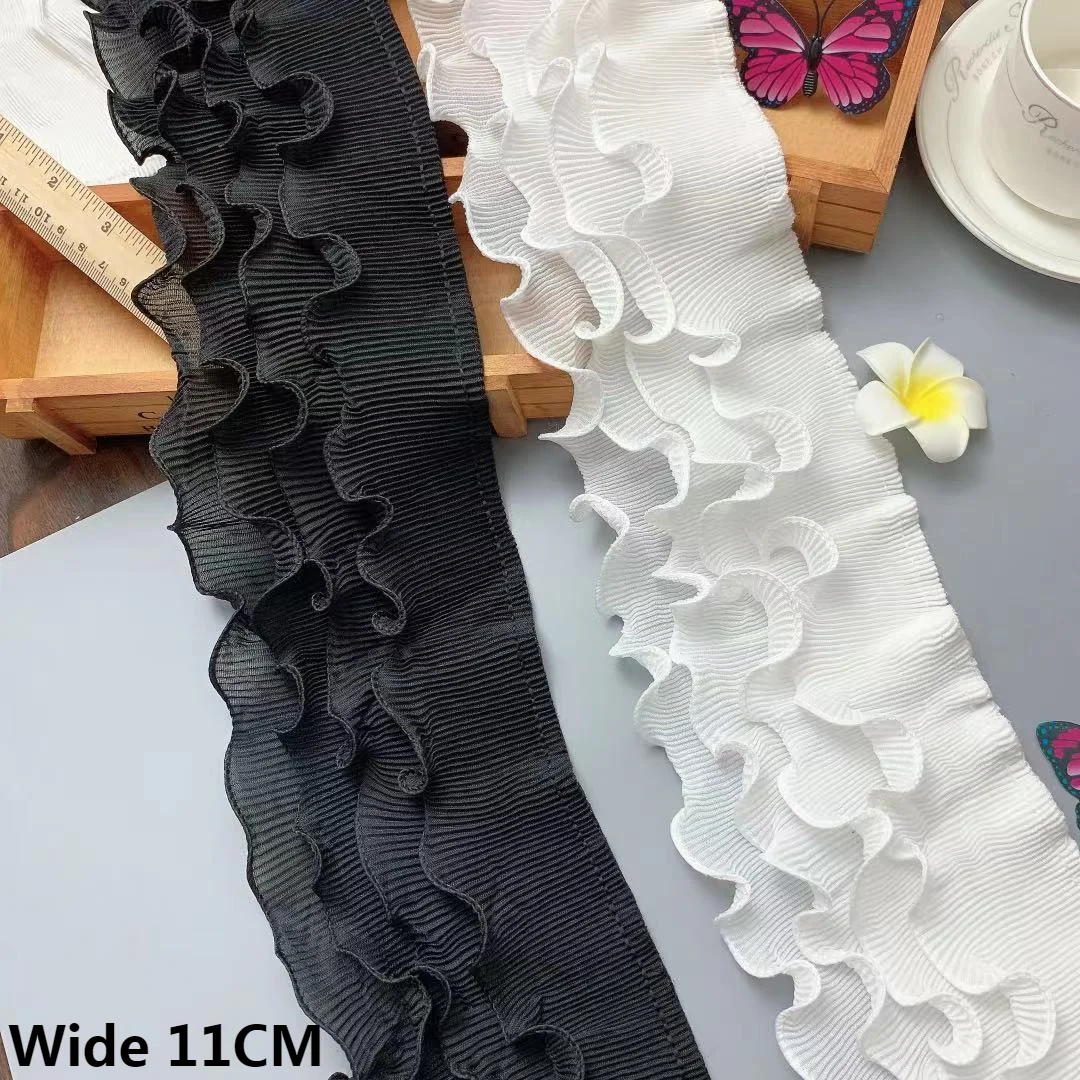 

11CM Wide Four Layers Chiffon 3d Pleated Fabric Ribbon Embroidery Elastic Lace Fringe Ruffle Trim Dress Guipure DIY Sewing Decor