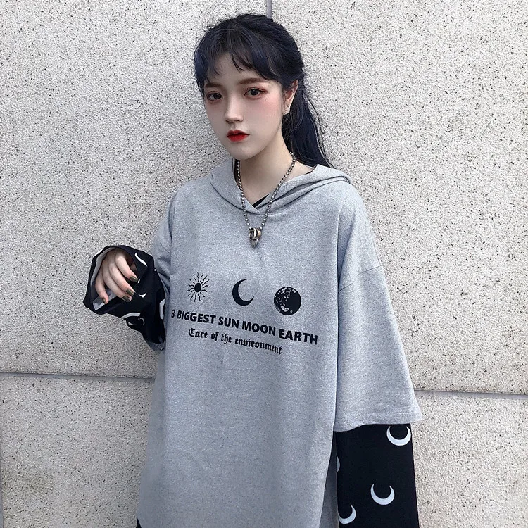 Harajuku уличная Винтажная Футболка для женщин, одежда, осень, корейский Ulzzang, с принтом, с капюшоном, Футболки женские, полный поддельные два топа - Цвет: see chart