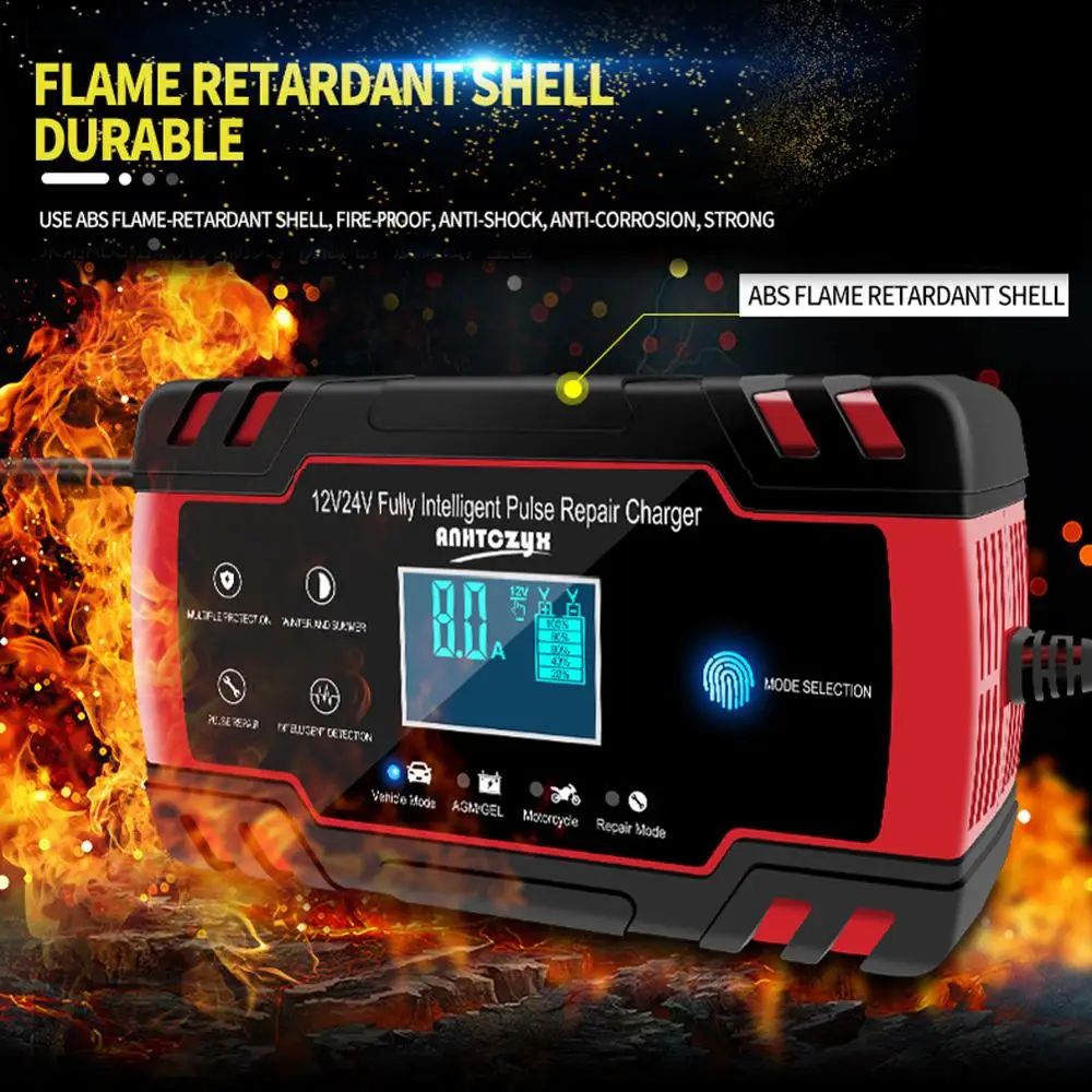 

Car Battery Charger 12/24V 8A Touch Screen Pulse Repair LCD Fast Power Charging Wet Dry Lead Acid Digital LCD Display