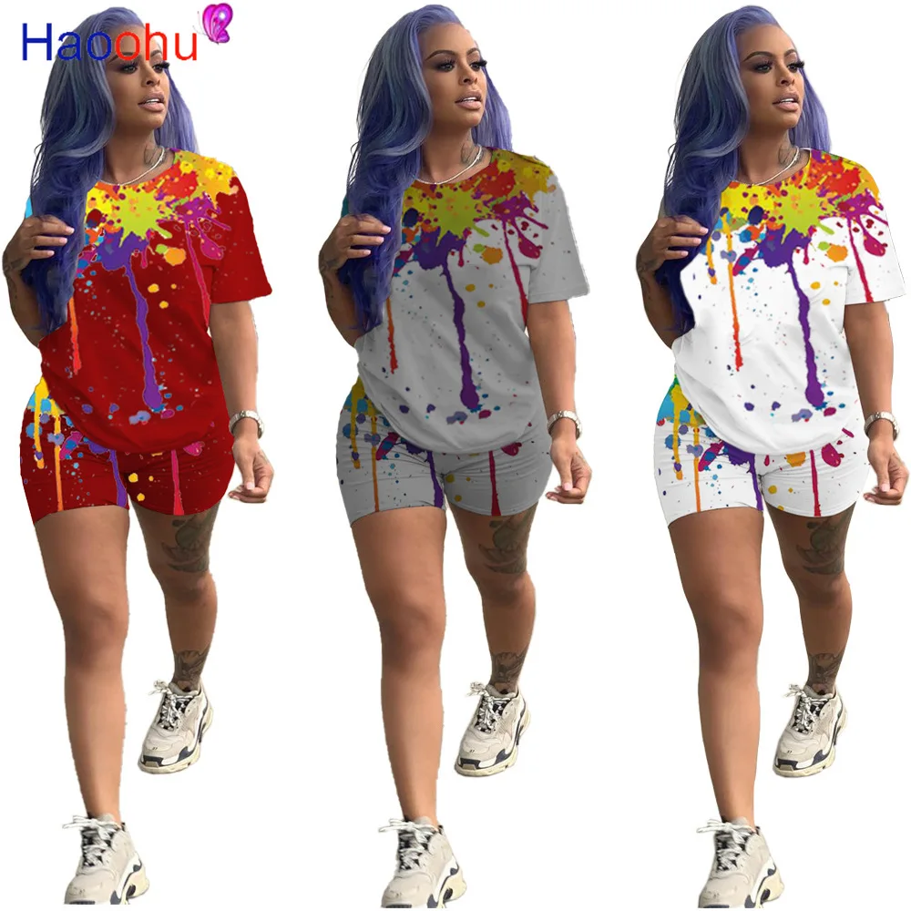 

HAOOHU Activewear Ink Graffiti Women's Set Crewneck T-shirt Shorts Suit Sport 2021 New Tracksuit Two Piece Set Fitness Outfit