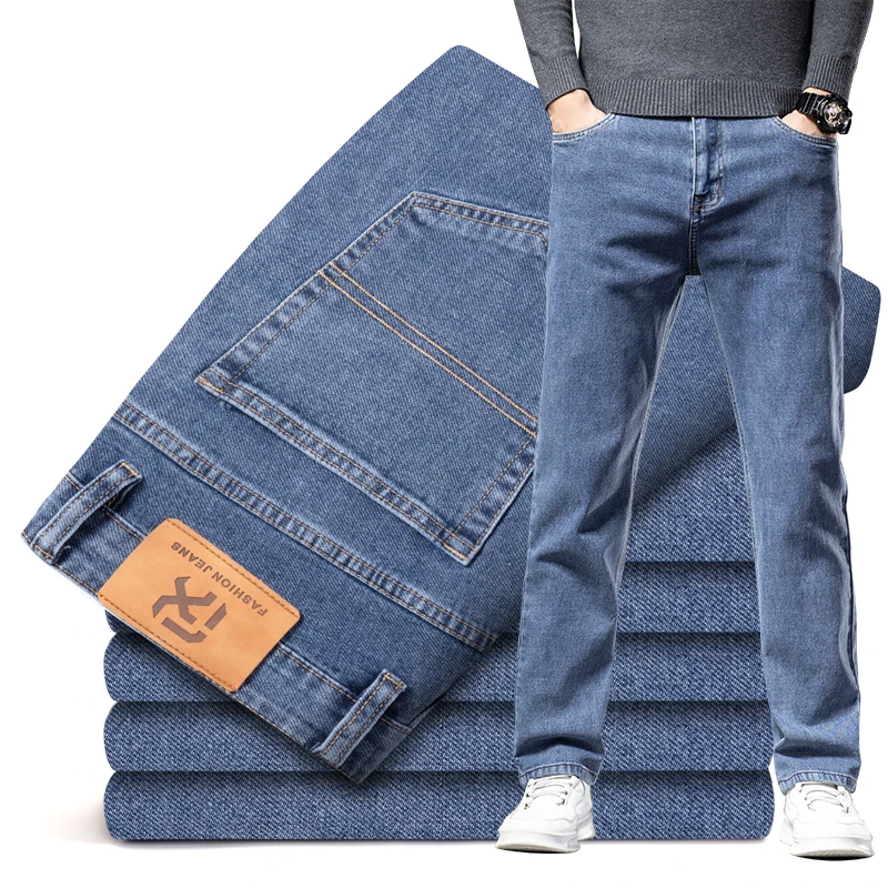 

New Autumn and Winter Men's Blue Straight-leg Jeans Business Casual Stretch Classic Style Denim Pants Male Brand