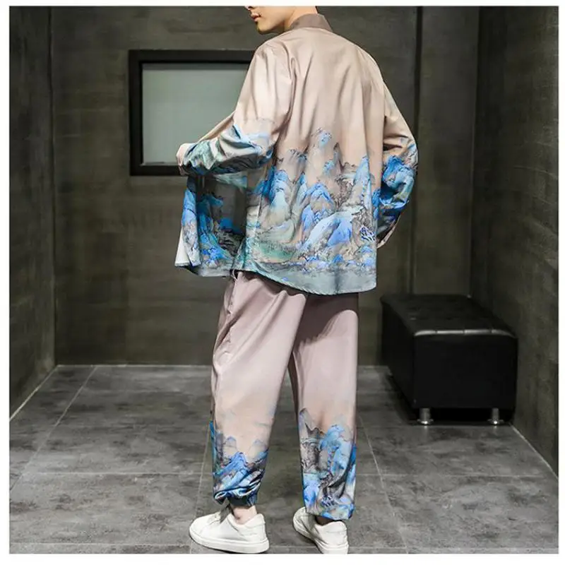 

M-5XL Men's Kimono Cardigan + Ankle Pants Japanese Streetwear Mountain Painting Long Sleeves Open Front Shirt Two Piece Sets Men