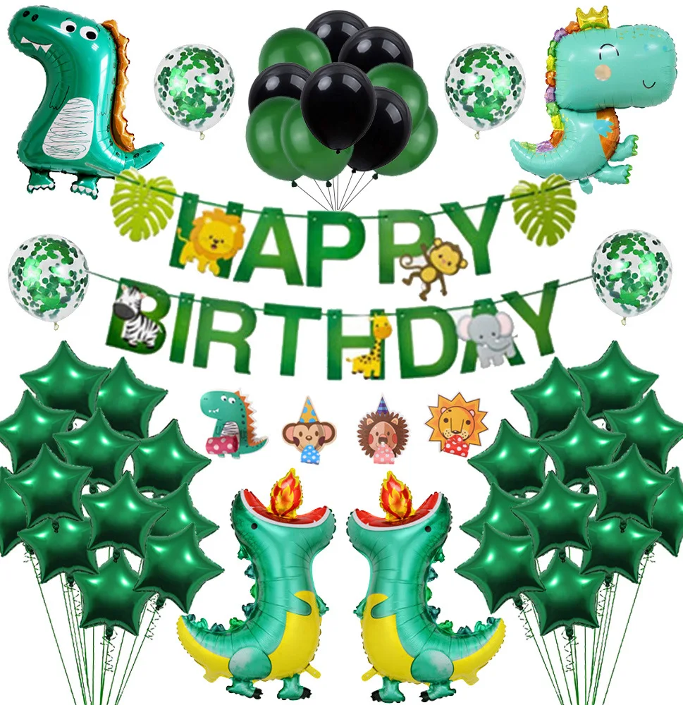 

Green Dinosaur Theme Birthday Party Decorations Set Whistle Star Confetti Balloons Happy Birthday Banner for Boys Girls