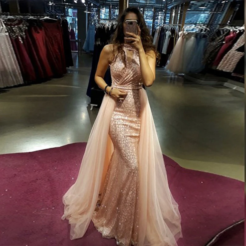 Женское вечернее платье с юбкой годе розовое до пола со съемным шлейфом