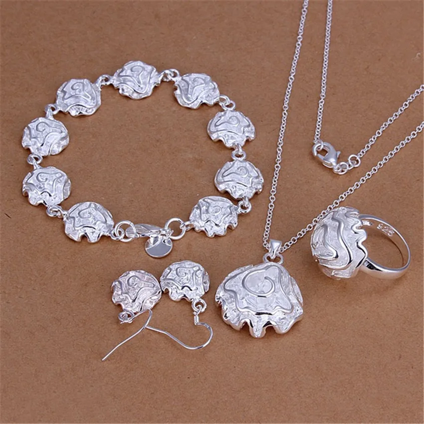 

Hot 925 sterling Silver Jewelry set rings Bracelets necklaces earring for women fine rose flower Pendant Party Christmas gifts