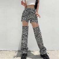 gothic metal chains zebra pattern women y2k sweatpants high rise cut out straight cargo pants long pockets trousers streetwear