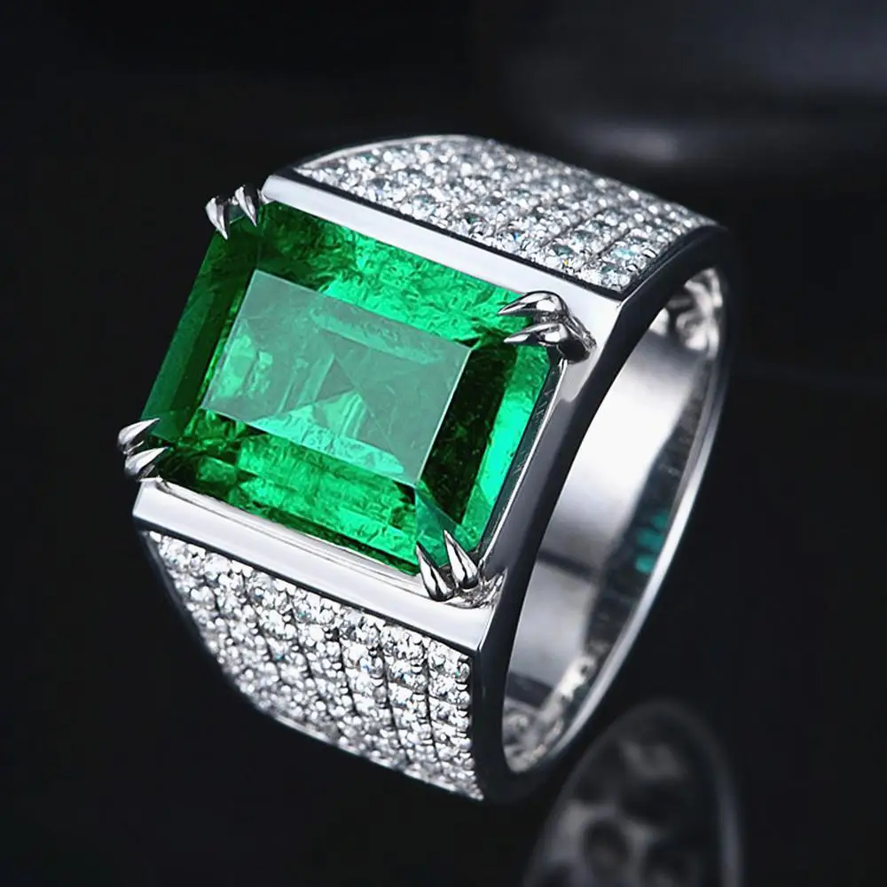 

Luxury green crystal emerald gemstones diamonds rings for men white gold silver color jewelry bijoux bague fashion accessories