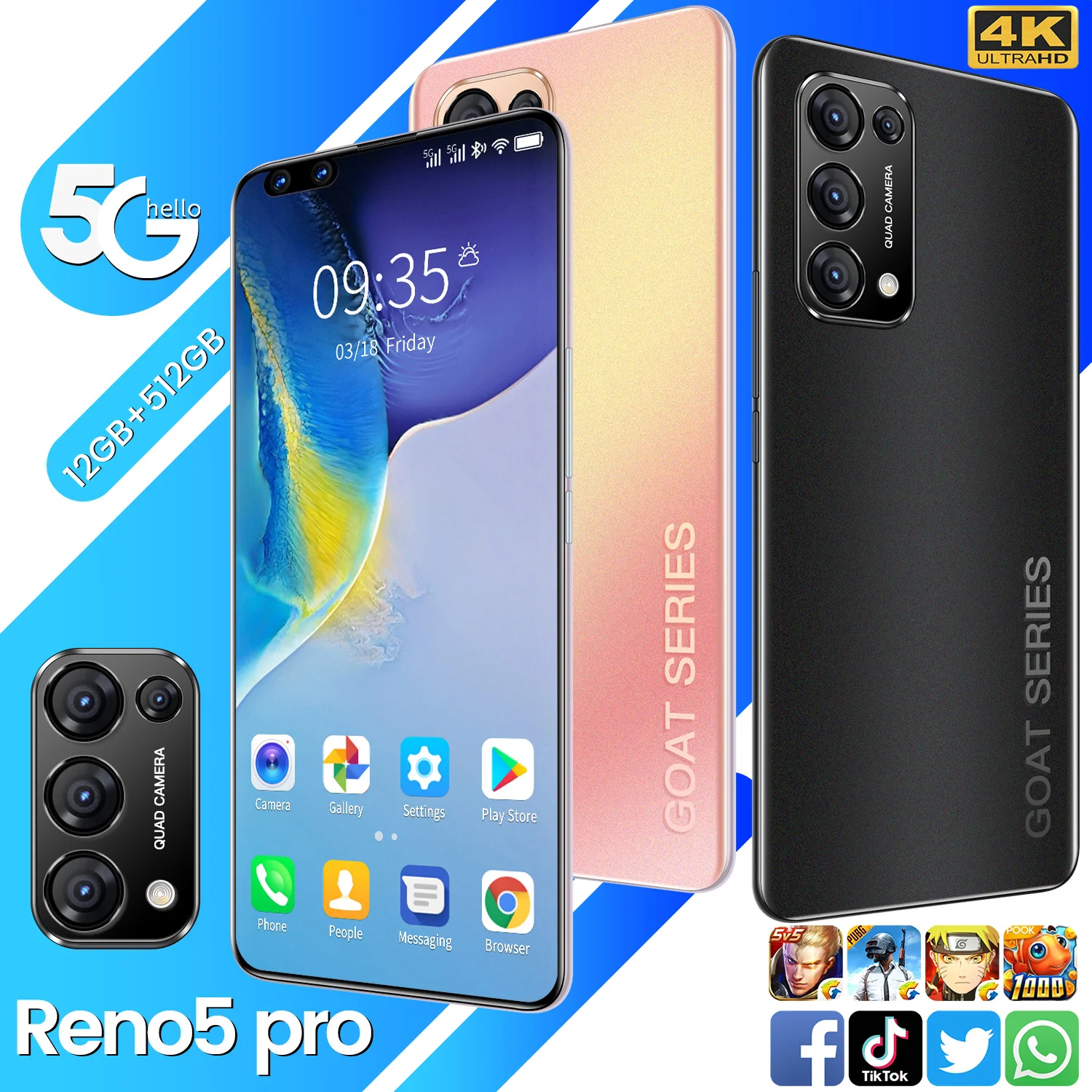 

2021 Hot Reno5 Pro 7.3 Inch 12+512GB Face Fingerprint Unlock 16+28MP Smartphones 10 Core 5000mAh Android 5G Cellphone MTK6797