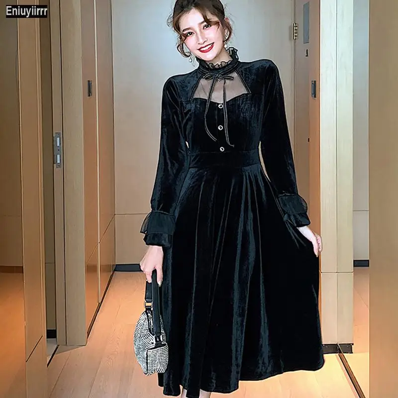 Женское бархатное платье длинное элегантное лоскутное Сетчатое черного и