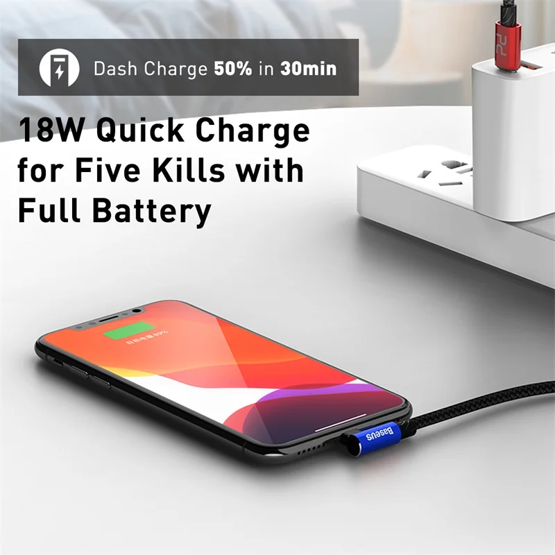 Baseus 18 Вт type C кабель для освещения для iPhone samsung зарядный игровой мобильный телефон Быстрая зарядка кабель для передачи данных 90 градусов USB C кабель
