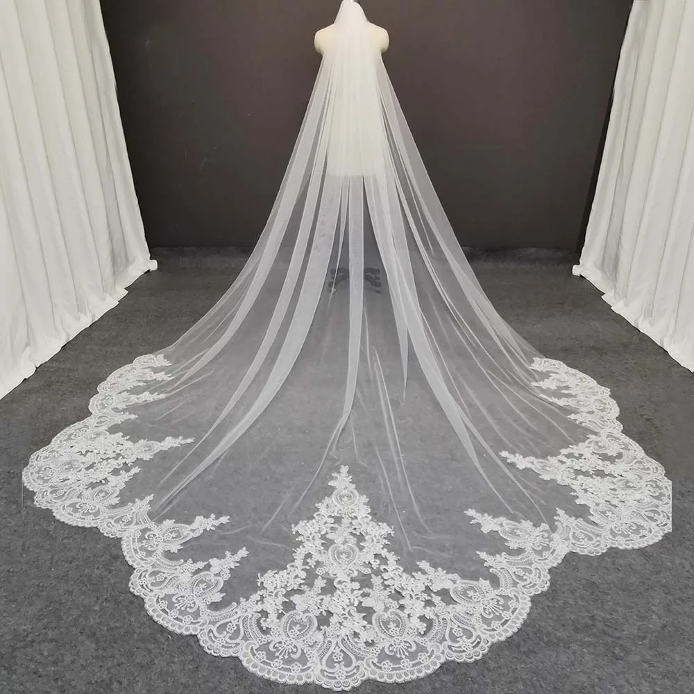 

Real Photos Scallop Lace Long Wedding Veil 3.5 Meters Royal Bridal Veil with Comb White Ivory Veil for Bride Wedding Headpiece
