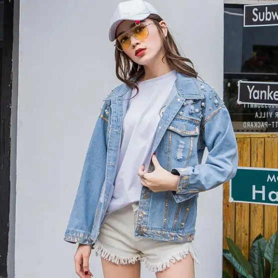 Винтажная Синяя Женская Базовая джинсовая куртка с жемчугом бисером 2019 длинный