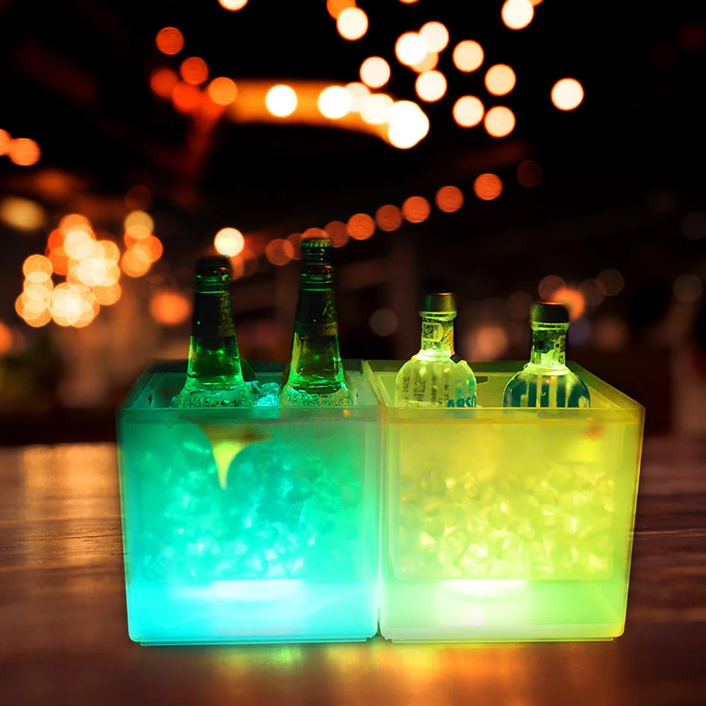 2PCS 1PC LED Ice Bucket RGB Color Changing Double Layer Square Bar Beer Ice Bucket Ice Wine Bucket 3.5 L for Party, Home, Bar
