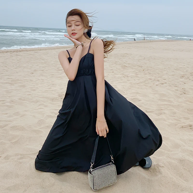 

Women Long Black Backless Slip Dress Runway Elegant Korean Fairy Casual Beach Vacation Party Night Vestidos Sundress Summer 2021