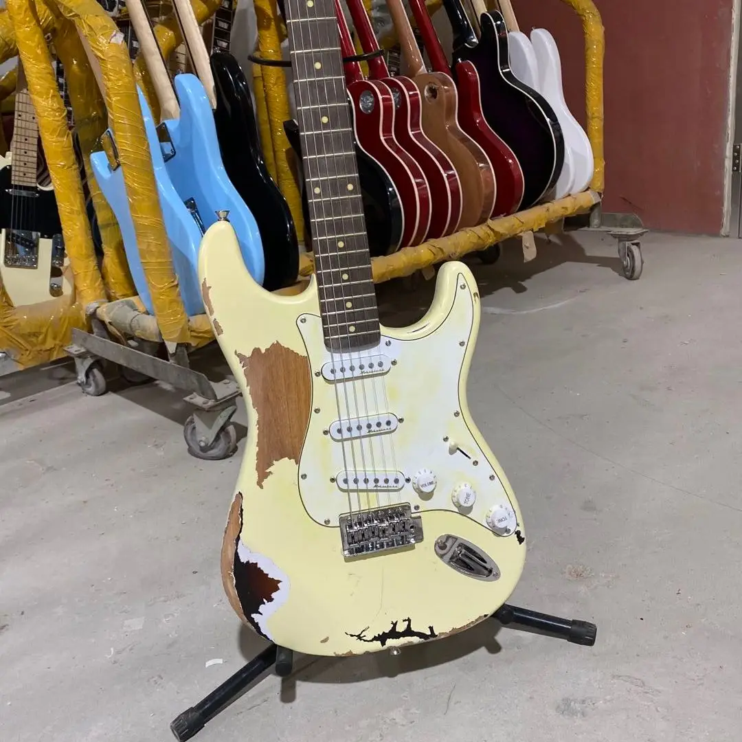 

Relic электрогитара Strat крем желтый цвет Альдер тело палисандр гриф 100% ручной работы высокое качество гитара бесплатная доставка
