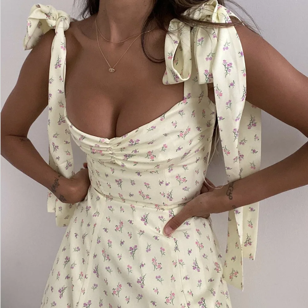 

Floral Print Cottagecore Sleeveless Strap Midi Dresses Party Club Sexy Backless Elegant Split Dress Women Vestidos