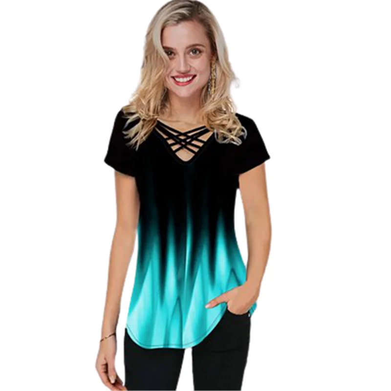 

Oversized V Neck Cross Loose Women T Shirt Short Sleeve T-shirt 2021 Summer New Style Splicing Female Tees Streetwear Tops S-5XL