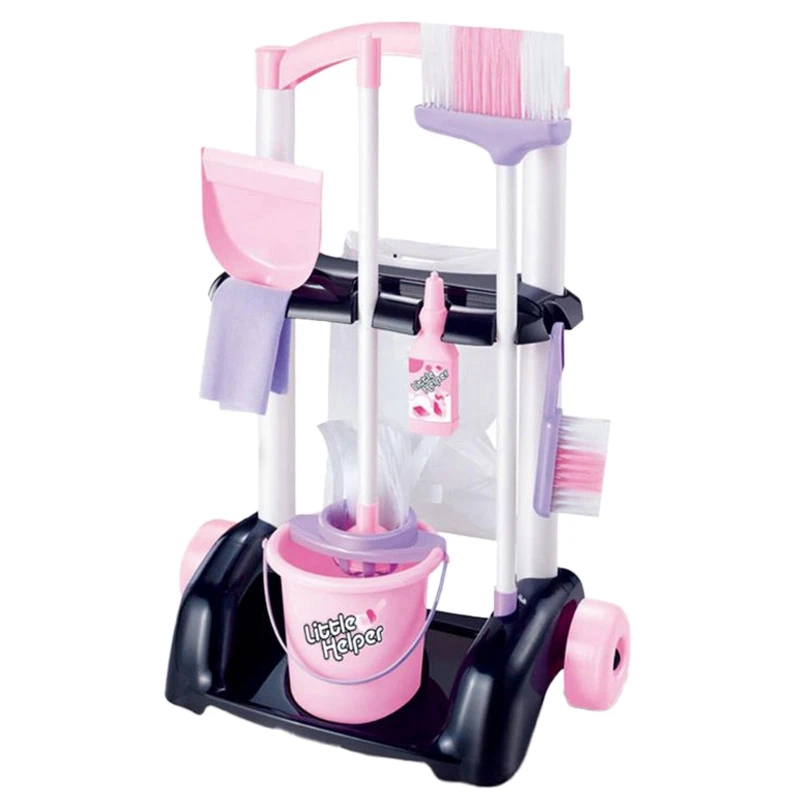 

Kids Cleaning Trolley Toy Pretend Play Toy House Cleaning Cart Tools Girls Cleaning Playset Trolley with Mop and Brush
