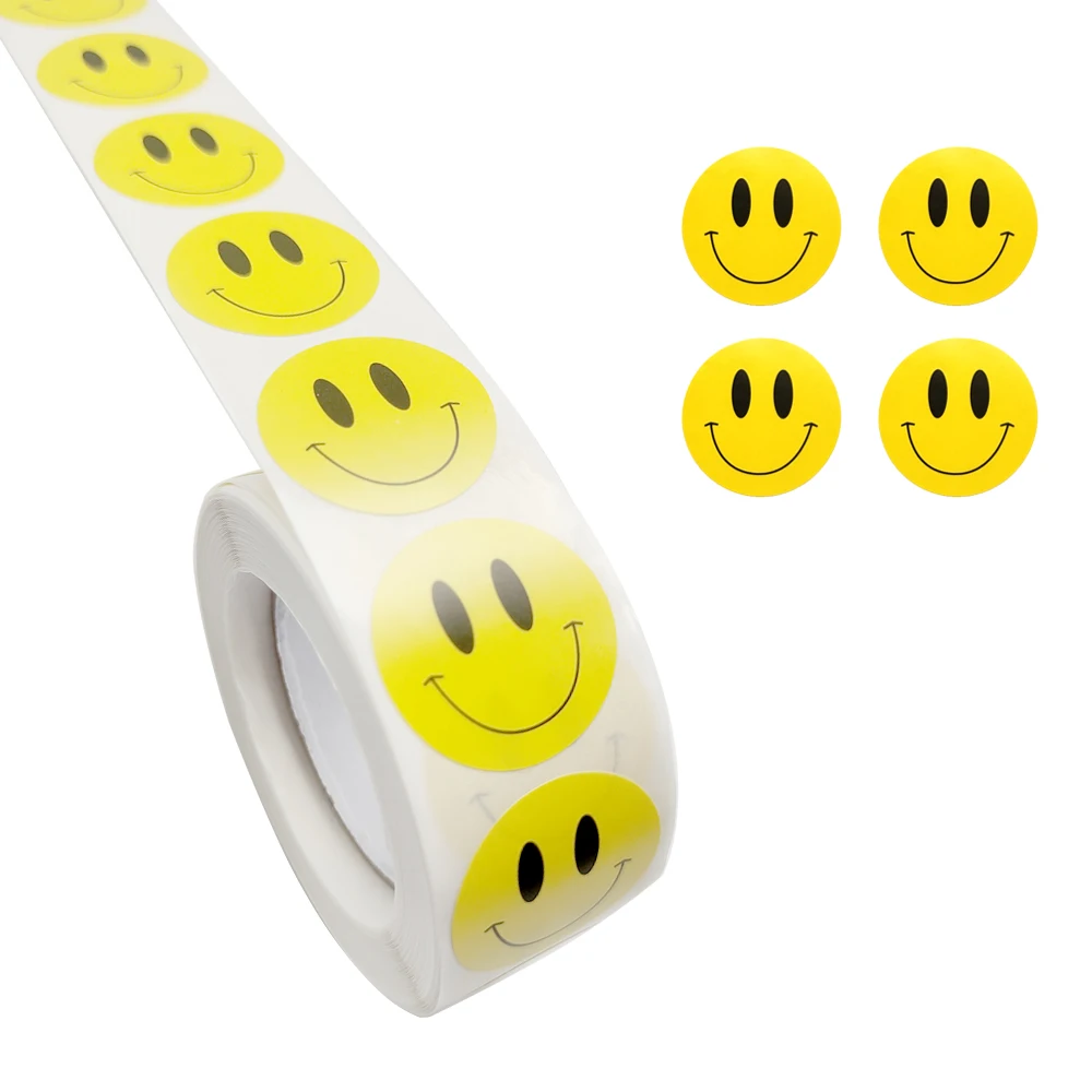 Pegatina de cara sonriente para ni&ntilde;os, etiqueta de puntos amarillos, pegatinas de cara sonriente y feliz, calcoman&iacute;a de juguete para ni&ntilde;os, coche de anim&eacute;, rollo de 500 Uds.-5