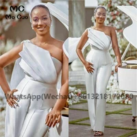 african plus size one shoulder jumpsuits wedding dress ruffled ankle length bridal gown customize cheap robes de mari%c3%a9e