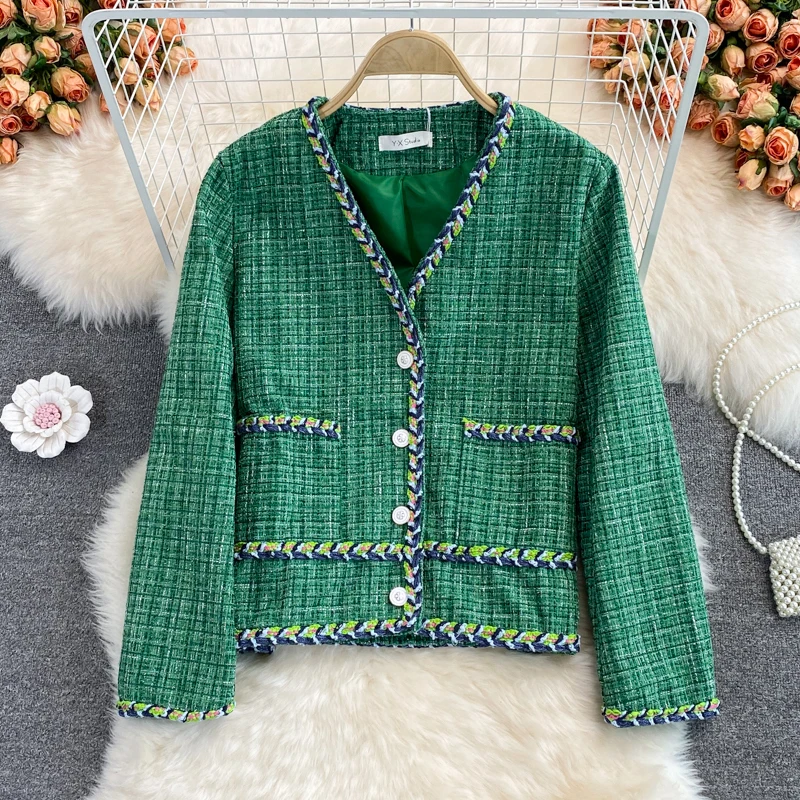 

[EWQ] Korea Chic Tweed Woven Coat Women's Autumn New Fashion V-neck Single Breasted Long Sleeve Short Green Jacket 2021 16E3573