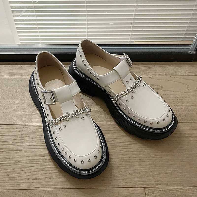 2021 Spring Platform Shoes Woman Metal Rivets Genuine Leather Chunky Heels Pumps for Women Working Women Shoes Platform Shoes