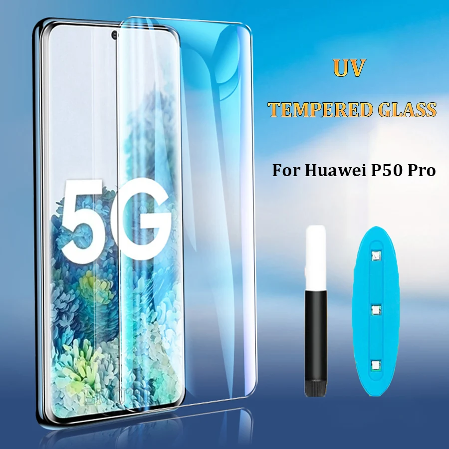 EMUTII UV закаленное стекло для Huawei P50 P40 P30 Pro Полное жидкое клеевое Защитная пленка