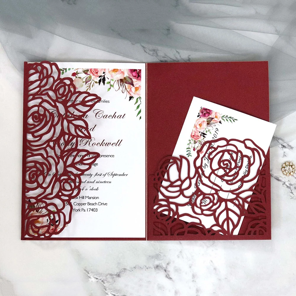 10Pcs/Pack Tri-fold Laser Hollow Plane Rose Dark Blue / White Red Beige Gold Pocket Wedding Business Invitation Cards | Дом и сад