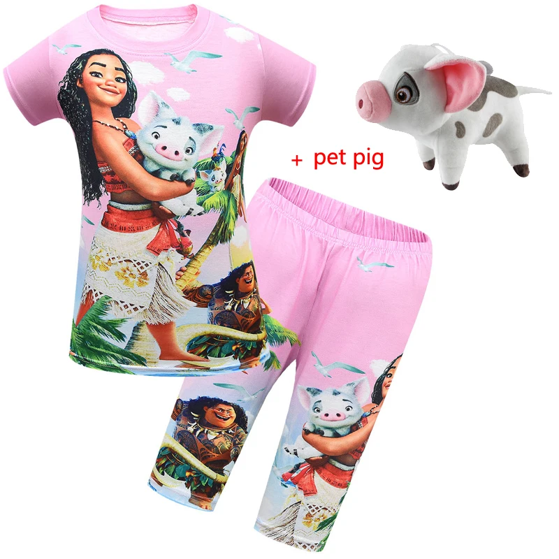

Kids Moana Pajamas for Girls Summer Short Sleeve Vaiana Costume Children Party Clothing with Pet Pig Casual Loose Clothes Sets