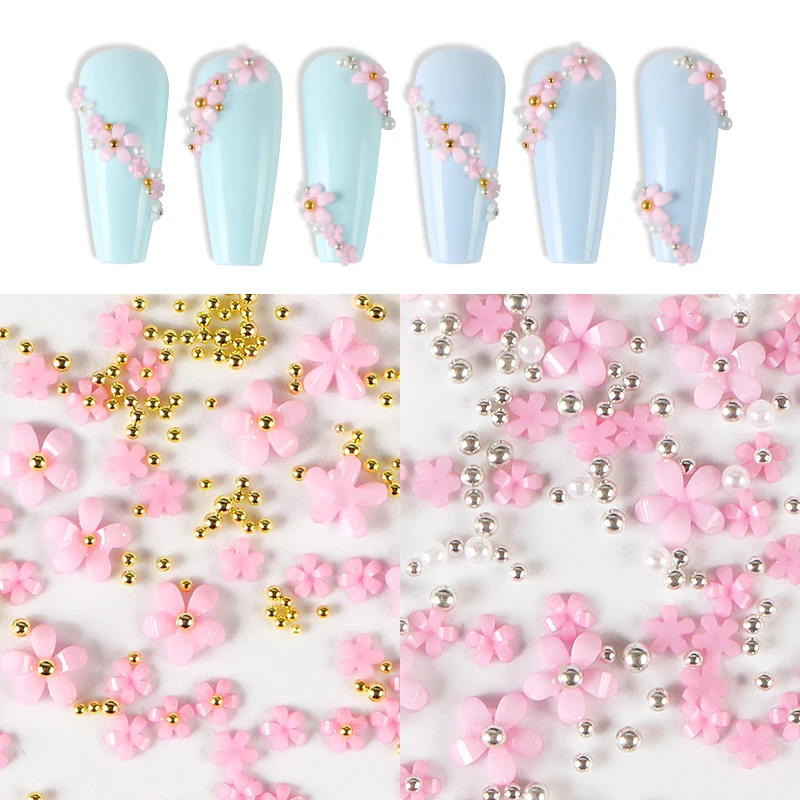 

Acrylic Flower Hot Pink Rhinestones For Nail Art Decorations Mixed Size Silver Beads Designs For DIY Nails Accessories RK140134