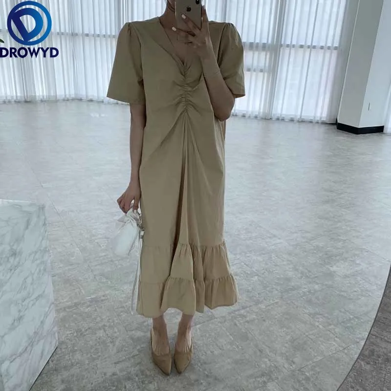 

2021 Women Summer Boho Dresses New Causal Elegant Vintage Pleated Ladies Fashion Clothes V-neck Wild Robe Beach Party Long Dress