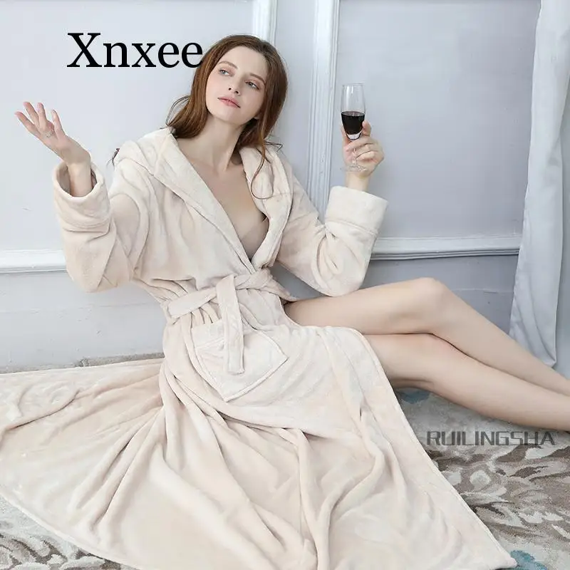 Парный сверхдлинный теплый Халат с капюшоном для женщин и мужчин зимний