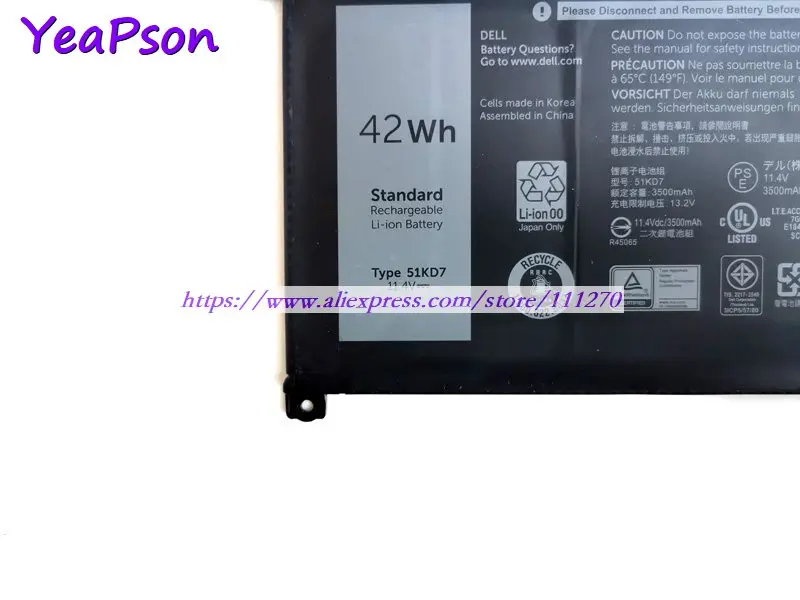 Аккумулятор Yeapson 11 4 в 3510 мАч 51KD7 K5XWW для ноутбука Dell Chromebook 3181 Latitude 5290 Celeron N3060 |