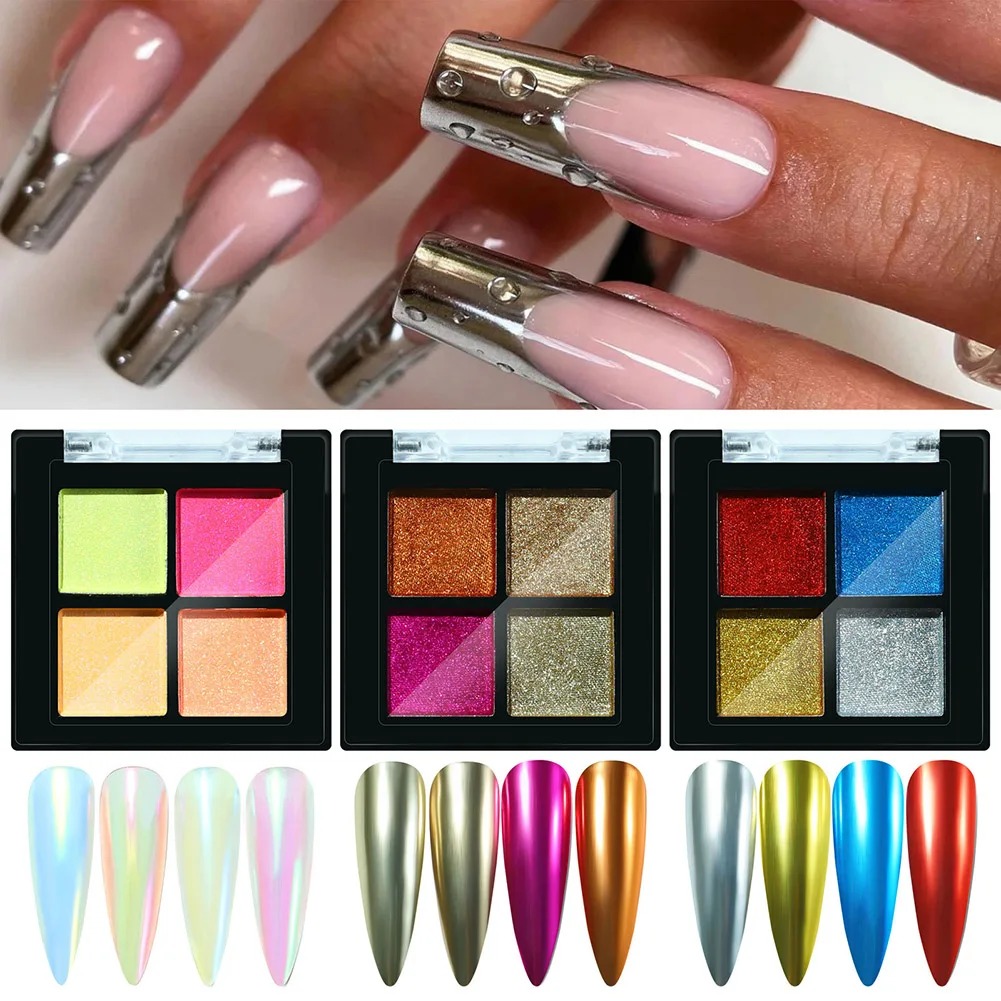 

4 Colors Nail Mirror Powder Nail Art Glitter Palette Metallic Chrome Nail Powder Nail Art Decoration Manicure for Home Salon