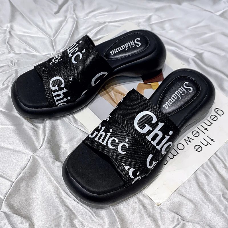 

XIXIYIPIN Fashion Letter Print Platform Luxury Brand Designer Shoes Wedges Peep Tooe Women Modern Slippers Ladies Shoes Slides