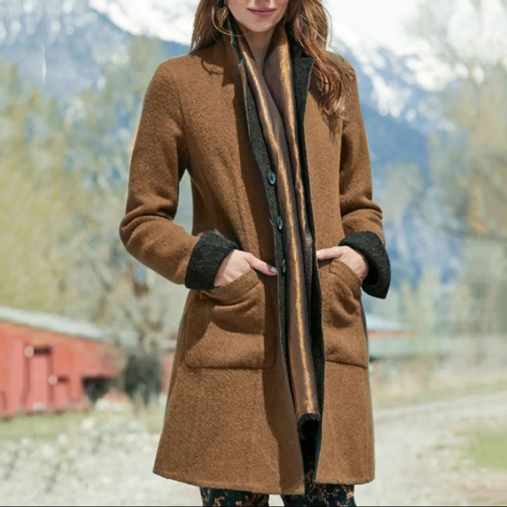 

2021 New Autumn Winter Womens Overcoat Solid Color Lapel Single Breasted Pocket Warm Long Sleeve Fashion Casual Overcoat